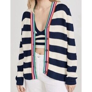 Kule Navy Cream Stripe Multicolor Trim Raven Knit Cardigan Size Medium